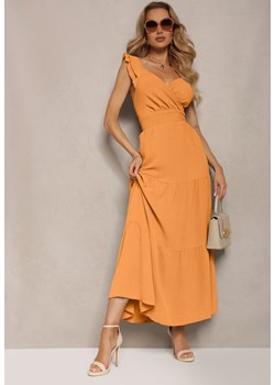 Pomarańczowa Sukienka z Kopertowym Dekoltem na Ramiączkach z Gumką w Pasie i Falbankami Ebiviana ze sklepu Renee odzież w kategorii Sukienki - zdjęcie 172307973