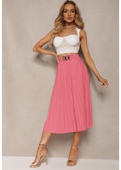Różowa Spódnica z Plisami High Waist z Paskiem i Metalową Ozdobą Ellveta ze sklepu Renee odzież w kategorii Spódnice - zdjęcie 172307982