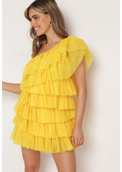 Żółta Sukienka Mini na Jedno Ramię Asymetryczna z Falbankami Nomenta ze sklepu Born2be Odzież w kategorii Sukienki - zdjęcie 172313020