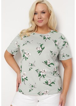 Miętowy T-shirt Koszulka z Krótkim Rękawem w Kwiaty Henubia ze sklepu Born2be Odzież w kategorii Bluzki damskie - zdjęcie 172313170