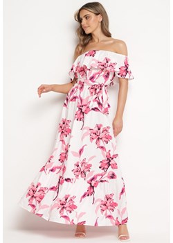 Biało-Różowa Sukienka w Kwiaty Typu Hiszpanka z Gumką w Pasie i Materiałowym Paskiem Overi ze sklepu Born2be Odzież w kategorii Sukienki - zdjęcie 172313281