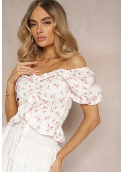 Beżowo-Różowa Krótka Bluzka Hiszpanka w Kwiaty Irpia ze sklepu Renee odzież w kategorii Bluzki damskie - zdjęcie 172313763