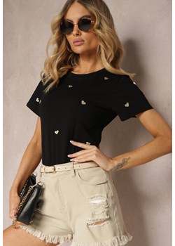 Czarny T-shirt z Bawełny z Haftowanymi Serduszkami Norolia ze sklepu Renee odzież w kategorii Bluzki damskie - zdjęcie 172313843