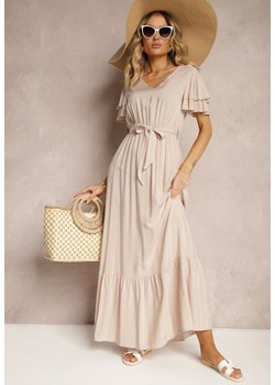 Beżowa Sukienka z Bawełny z Gumką w Talii Zdobiona Falbankami z Materiałowym Paskiem Lendolia ze sklepu Renee odzież w kategorii Sukienki - zdjęcie 172318550
