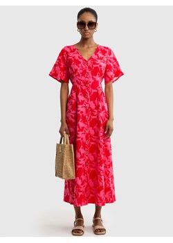 Lniana sukienka damska midi z motywem kwiatowym z guzikami różowa Victorine 601 ze sklepu Big Star w kategorii Sukienki - zdjęcie 172326754
