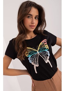 Czarny t-shirt damski z motylem RV-TS-9637.39, Kolor czarny-wzór, Rozmiar S/M, BASIC FEEL GOOD ze sklepu Primodo w kategorii Bluzki damskie - zdjęcie 172332164