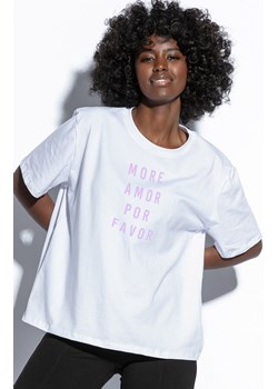 T-shirt damski z krótkim rękawem i fioletowym napisem F1829, Kolor biało-fioletowy, Rozmiar L/XL, Fobya ze sklepu Primodo w kategorii Bluzki damskie - zdjęcie 172332174