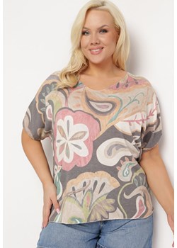 Szaro-Beżowy Bawełniany T-shirt z Krótkim Rękawem Typu Nietoperz Ulebia ze sklepu Born2be Odzież w kategorii Bluzki damskie - zdjęcie 172339443