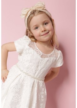 Biała Koronkowa Sukienka z Krótkim Rękawem z Cyrkoniami i Perełkami Mabet ze sklepu Born2be Odzież w kategorii Sukienki dziewczęce - zdjęcie 172354034