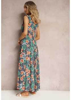 Granatowo-Zielona Bawełniana Sukienka w Kwiaty z Falbankami i Gumką w Talii Darialia ze sklepu Renee odzież w kategorii Sukienki - zdjęcie 172354303