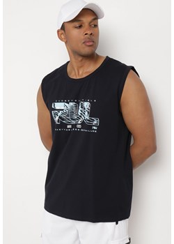 Granatowa Koszulka z Bawełny bez Rękawów z Ozdobnym Nadrukiem Aanesa ze sklepu Born2be Odzież w kategorii Podkoszulki męskie - zdjęcie 172360363