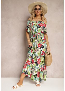 Zielono-Różowa  Wiskozowa Sukienka o Rozkloszowanym Kroju z Paskiem w Talii w Kwiatowy Print Rosubia ze sklepu Renee odzież w kategorii Sukienki - zdjęcie 172364270