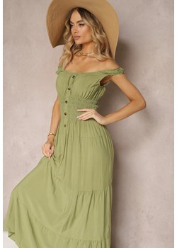 Zielona Sukienka z Bawełny na Ramiączkach z Gumką w Talii i Guzikami Dunvia ze sklepu Renee odzież w kategorii Sukienki - zdjęcie 172364330