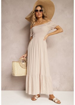 Beżowa Rozkloszowana Sukienka z Bawełny Typu Hiszpanka z Marszczoną Górą Xilvia ze sklepu Renee odzież w kategorii Sukienki - zdjęcie 172364360