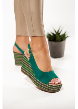 Zielone sandały skórzane damskie na kolorowym koturnie z ozdobą PRODUKT POLSKI Casu 2336 ze sklepu Casu w kategorii Sandały damskie - zdjęcie 172365710