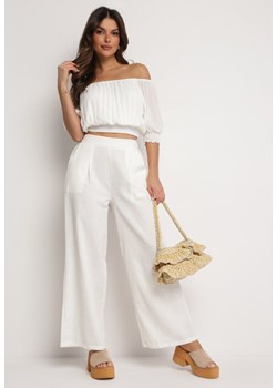 Białe Szerokie Spodnie z Gumką w Talii z Lnem Araniells ze sklepu Born2be Odzież w kategorii Spodnie damskie - zdjęcie 172366140