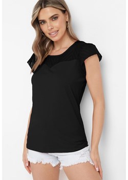 Czarny Bawełniany T-shirt Bluzka z Przezroczystymi Rękawami i Dekoltem Lavinara ze sklepu Born2be Odzież w kategorii Bluzki damskie - zdjęcie 172366192