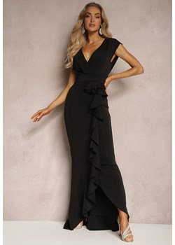 Czarna Elegancka Sukienka Długa o Asymetrycznym Fasonie z Dekoltem w V i Falbaną Efimea ze sklepu Renee odzież w kategorii Sukienki - zdjęcie 172380634