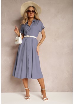 Niebieska Sukienka Koszulowa z Lnem i Wiskozą Jucilla ze sklepu Renee odzież w kategorii Sukienki - zdjęcie 172380690