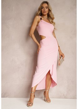 Różowa Wieczorowa Sukienka na Jedno Ramię z Wycięciem Ozdobiona Metalową Klamrą Xanlea ze sklepu Renee odzież w kategorii Sukienki - zdjęcie 172381031