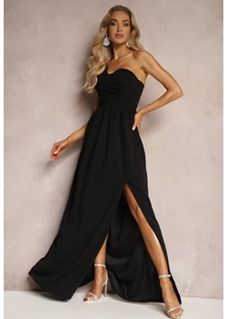 Czarna Asymetryczna Koktajlowa Sukienka o Długim Rozkloszowanym Kroju Erulia ze sklepu Renee odzież w kategorii Sukienki - zdjęcie 172386824