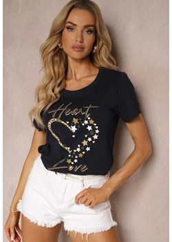 Granatowa Koszulka T-shirt z Bawełny z Krótkim Rękawem Ozdobiony Nadrukiem i Cyrkoniami Gadarra ze sklepu Renee odzież w kategorii Bluzki damskie - zdjęcie 172386844