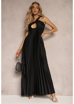 Czarna Asymetryczna Sukienka Plisowana na Jedno Ramię z Gumką w Talii Elashay ze sklepu Renee odzież w kategorii Sukienki - zdjęcie 172386923
