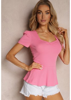 Różowy T-shirt Bluzka z Bawełny z Krótkim Rękawem i Marszczonymi Rękawami Dimitsa ze sklepu Renee odzież w kategorii Bluzki damskie - zdjęcie 172386942