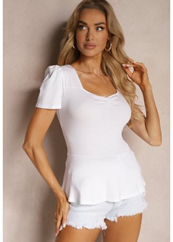 Biały T-shirt Bluzka z Bawełny z Krótkim Rękawem i Marszczonymi Rękawami Dimitsa ze sklepu Renee odzież w kategorii Bluzki damskie - zdjęcie 172388192