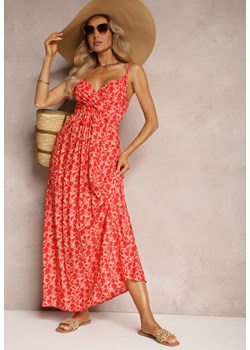 Czerwona Kopertowa Sukienka z Wiskozy na Regulowanych Ramiączkach ze Ściągaczem w Talii Dimariel ze sklepu Renee odzież w kategorii Sukienki - zdjęcie 172388282