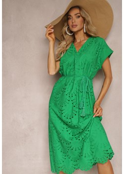 Zielona Bawełniana Sukienka o Haftowanym Wykończeniu z Materiałowym Paskiem w Talii Dimla ze sklepu Renee odzież w kategorii Sukienki - zdjęcie 172388302