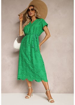 Zielona Bawełniana Sukienka o Haftowanym Wykończeniu z Materiałowym Paskiem w Talii Dimla ze sklepu Renee odzież w kategorii Sukienki - zdjęcie 172388303