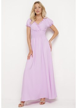 Fioletowa Wiskozowa Sukienka z Gumką w Pasie i Trójkątnym Dekoltem Quneri ze sklepu Born2be Odzież w kategorii Sukienki - zdjęcie 172388734