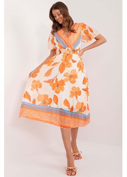 Wzorzysta sukienka z paskiem pomarańczowa ze sklepu 5.10.15 w kategorii Sukienki - zdjęcie 172402953