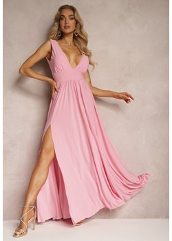 Różowa Sukienka Wieczorowa na Ramiączkach z Dekoltem w Szpic i Rozcięciem Nestanni ze sklepu Renee odzież w kategorii Sukienki - zdjęcie 172409523