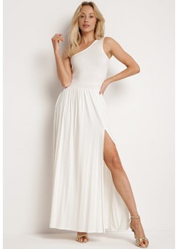 Biała Sukienka na Jedno Ramię z Elastycznej Bawełny z Plisowanym Dołem Vereria ze sklepu Born2be Odzież w kategorii Sukienki - zdjęcie 172410490