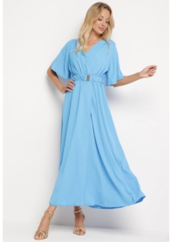 Niebieska Sukienka z Kopertowym Dekoltem z Gumką w Pasie i Paskiem z Metalową Klamerką Teseri ze sklepu Born2be Odzież w kategorii Sukienki - zdjęcie 172410572