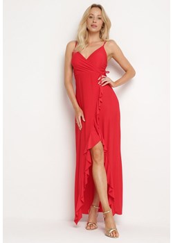 Czerwona Koktajlowa Sukienka z Kopertowym Dekoltem na Ramiączkach z Ozdobną Falbanką Nestasi ze sklepu Born2be Odzież w kategorii Sukienki - zdjęcie 172410672