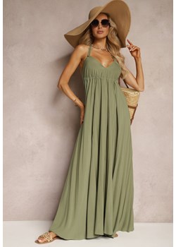 Zielona Rozkloszowana Sukienka Bawełniana z Wiązaniem na Szyi Panethea ze sklepu Renee odzież w kategorii Sukienki - zdjęcie 172410710