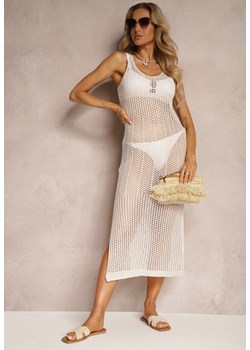 Beżowa Plażowa Sukienka Bodycon Narzutka z Ażurowym Zdobieniem i Rozcięciem na Dole Bevantia ze sklepu Renee odzież w kategorii Odzież plażowa - zdjęcie 172410714