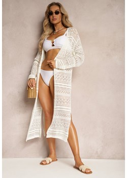 Biały Ażurowy Kardigan Boho Narzutka za Kolano Tavalia ze sklepu Renee odzież w kategorii Odzież plażowa - zdjęcie 172414180