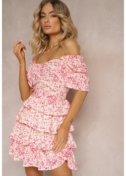 Różowa Sukienka o Rozkloszowanym Fasonie z Falbankami w Drobny Wzór Uveria ze sklepu Renee odzież w kategorii Sukienki - zdjęcie 172424421