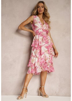Różowa Sukienka Wieczorowa z Trójkątnym Dekoltem i Gumką w Talii z Falbankami Cristalle ze sklepu Renee odzież w kategorii Sukienki - zdjęcie 172431161