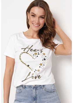 Biały Bawełniany T-shirt Koszulka z Krótkim Rękawem z Nadrukiem i Cyrkoniami Harlina ze sklepu Born2be Odzież w kategorii Bluzki damskie - zdjęcie 172434840