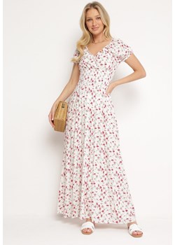 Biało-Różowa Sukienka z Wiskozy z Kopertowym Dekoltem i Gumką w Pasie w Kwiaty Kaseri ze sklepu Born2be Odzież w kategorii Sukienki - zdjęcie 172434952