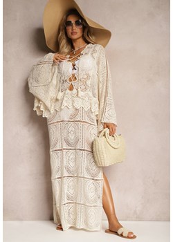 Beżowa Szydełkowa Sukienka Maxi z Wycięciami i Wiązaniem Upenna ze sklepu Renee odzież w kategorii Sukienki - zdjęcie 172435041