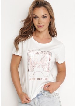 Biały Bawełniany Klasyczny T-shirt Ozdobiony z Przodu Metalicznym Nadrukiem Timazela ze sklepu Born2be Odzież w kategorii Bluzki damskie - zdjęcie 172439220