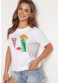 Biały Bawełniany T-shirt z Krótkim Rękawem i Ozdobnym Nadrukiem Biolivia ze sklepu Born2be Odzież w kategorii Bluzki damskie - zdjęcie 172530783