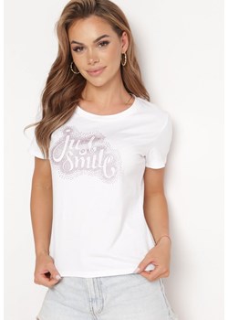 Biały T-shirt z Napisem i Cyrkoniami Fareia ze sklepu Born2be Odzież w kategorii Bluzki damskie - zdjęcie 172530790