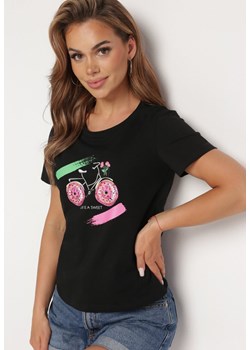 Czarny T-shirt z Bawełny Ozdobiony Nadrukiem i Kryształkami Halarae ze sklepu Born2be Odzież w kategorii Bluzki damskie - zdjęcie 172530811